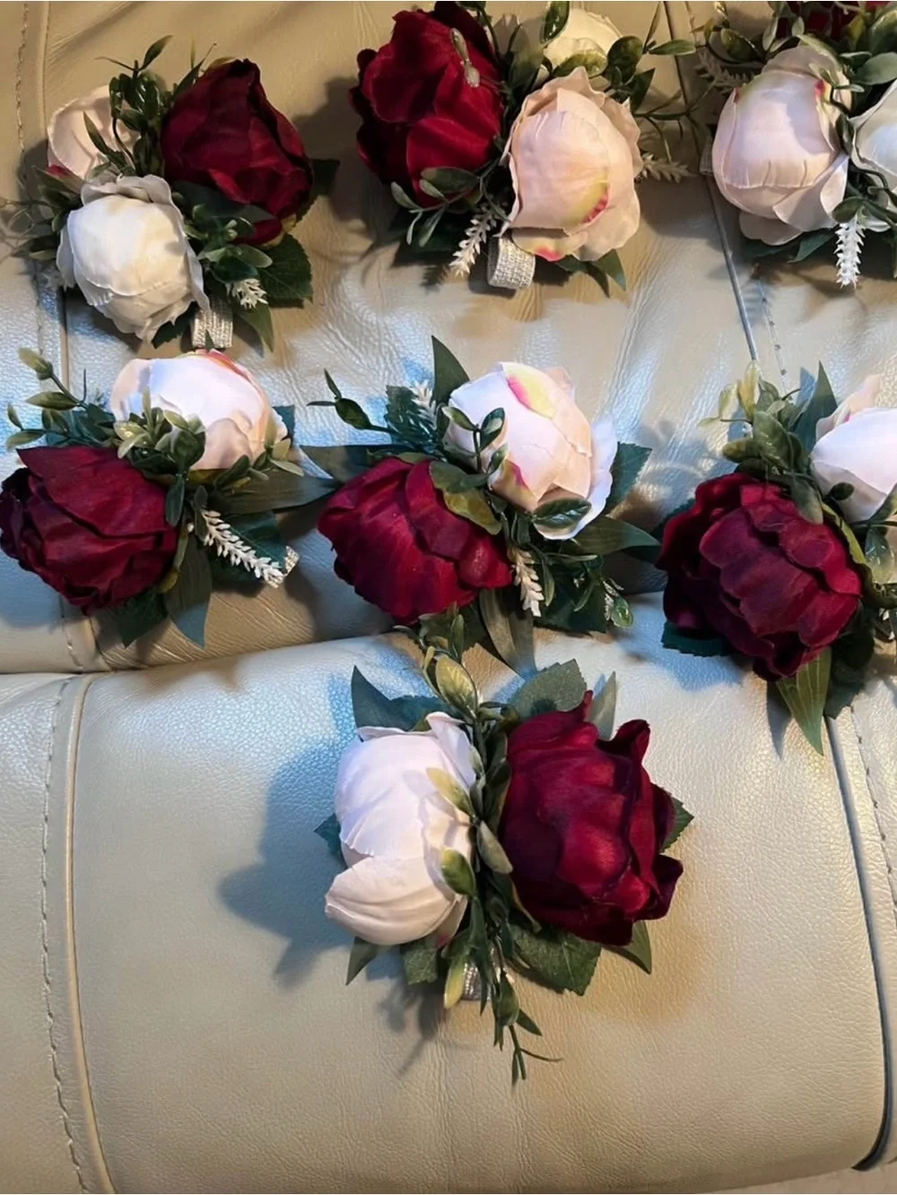 Wedding Wrist Corsages, Burgundy, Blush & Ivory Peonies - Set of 7